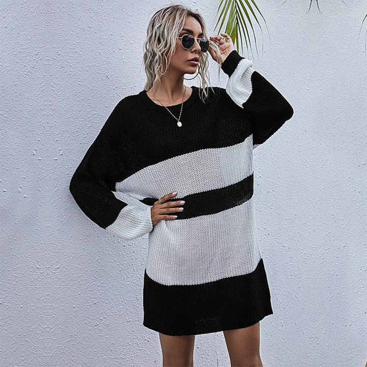 Kvindernes oversized sweaterkjole med moderigtigt blokstriber mønster Stilla