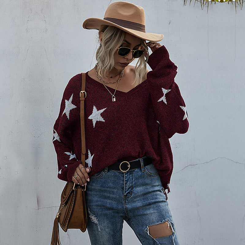 Kvinder Oversize Sweatshirt med Stjernesynd og Dyb V-Hals Stilla