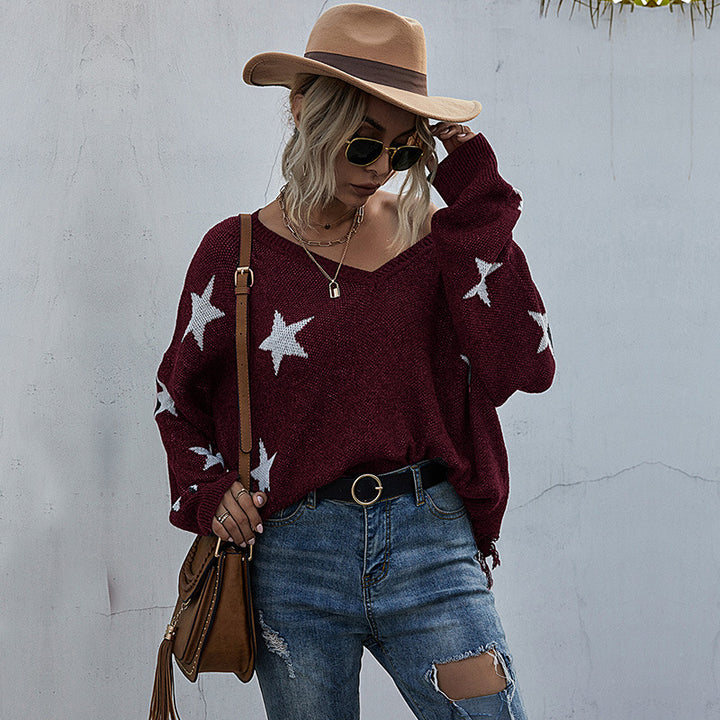 Kvinder Oversize Sweatshirt med Stjernesynd og Dyb V-Hals Stilla