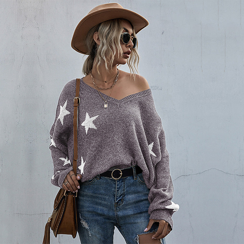 Kvinder Oversize Sweatshirt med Stjernesynd og Dyb V-Hals Stilla