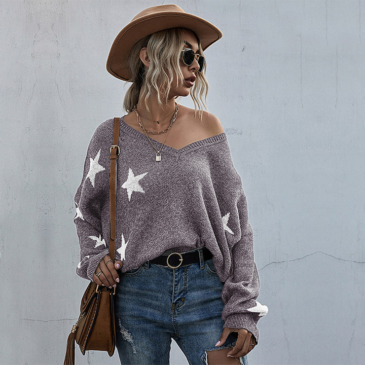 Kvinder Oversize Sweatshirt med Stjernesynd og Dyb V-Hals Stilla