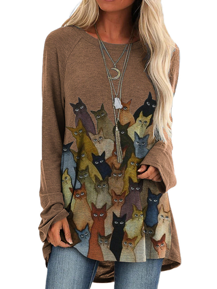 Dame afslappet T-shirt med kattemotiv og oversized snit Stilla