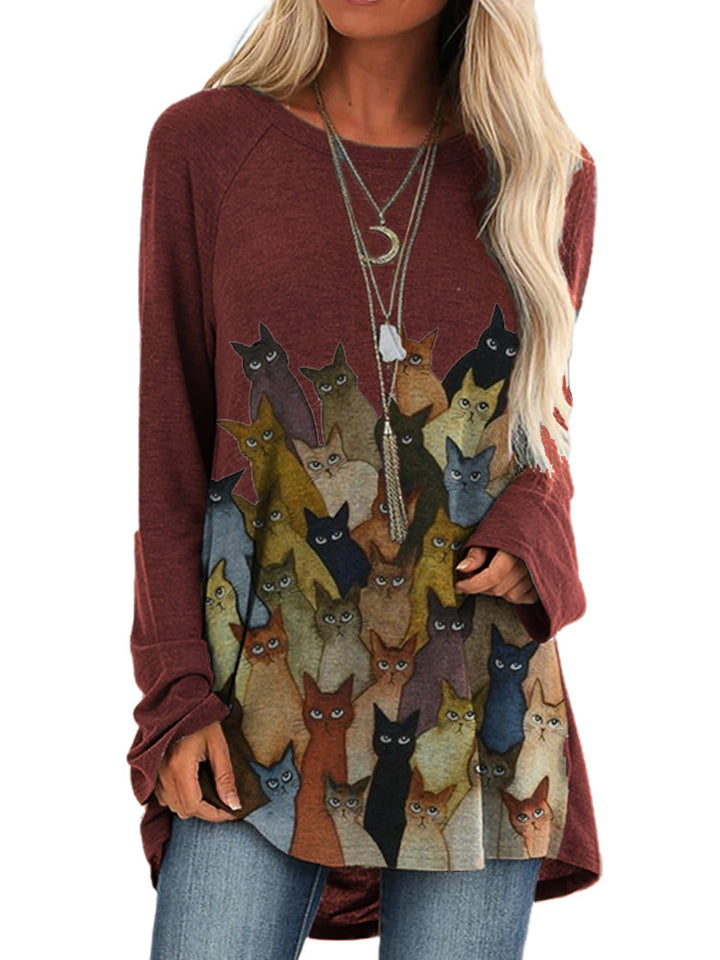 Dame afslappet T-shirt med kattemotiv og oversized snit Stilla