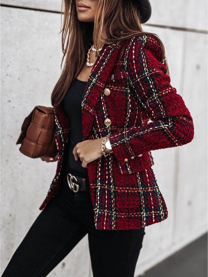 Dame Tweed Blazer i klassisk ternet mønster med gyldne knapper Stilla