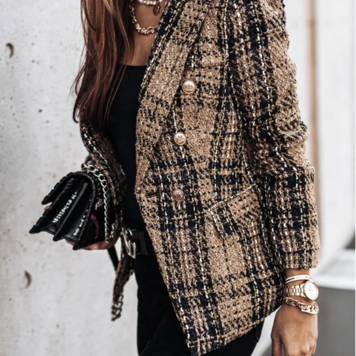 Dame Tweed Blazer i klassisk ternet mønster med gyldne knapper Stilla