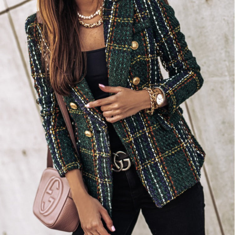 Dame Tweed Blazer i klassisk ternet mønster med gyldne knapper Stilla