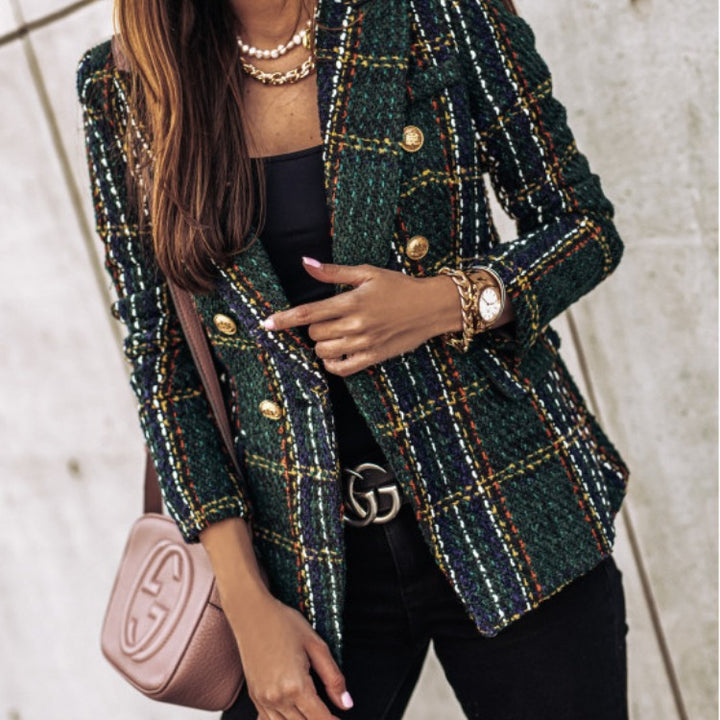 Dame Tweed Blazer i klassisk ternet mønster med gyldne knapper Stilla