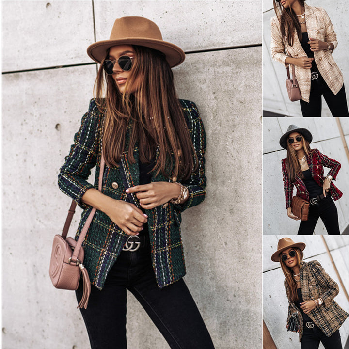 Dame Tweed Blazer i klassisk ternet mønster med gyldne knapper Stilla