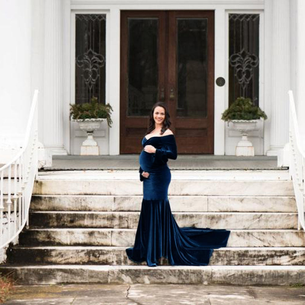 Dames Off-Shoulder Velvet Graviditetskjole Stilla