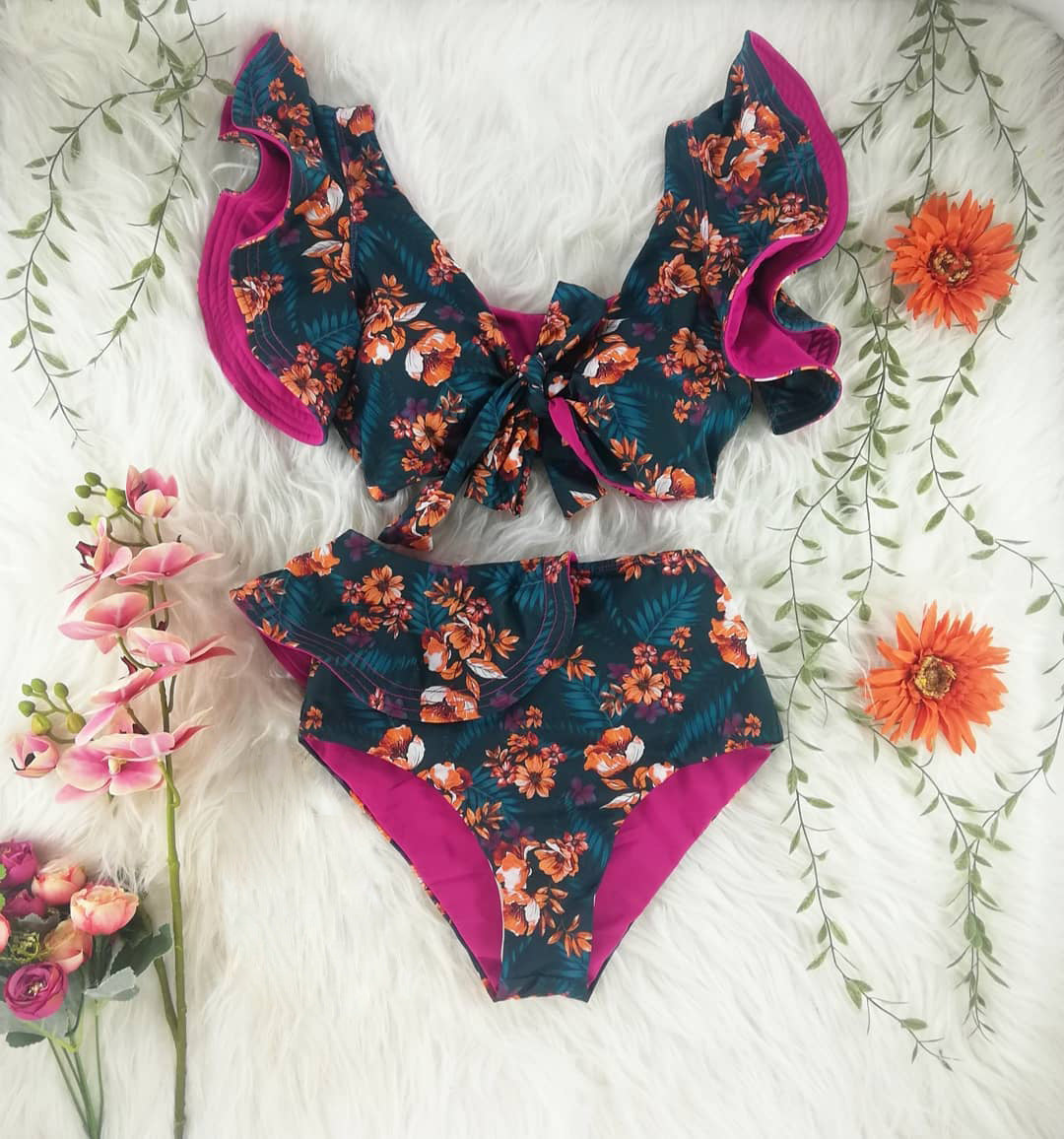 Dame Bikini sæt med romantisk blomstret design og høj talje Stilla