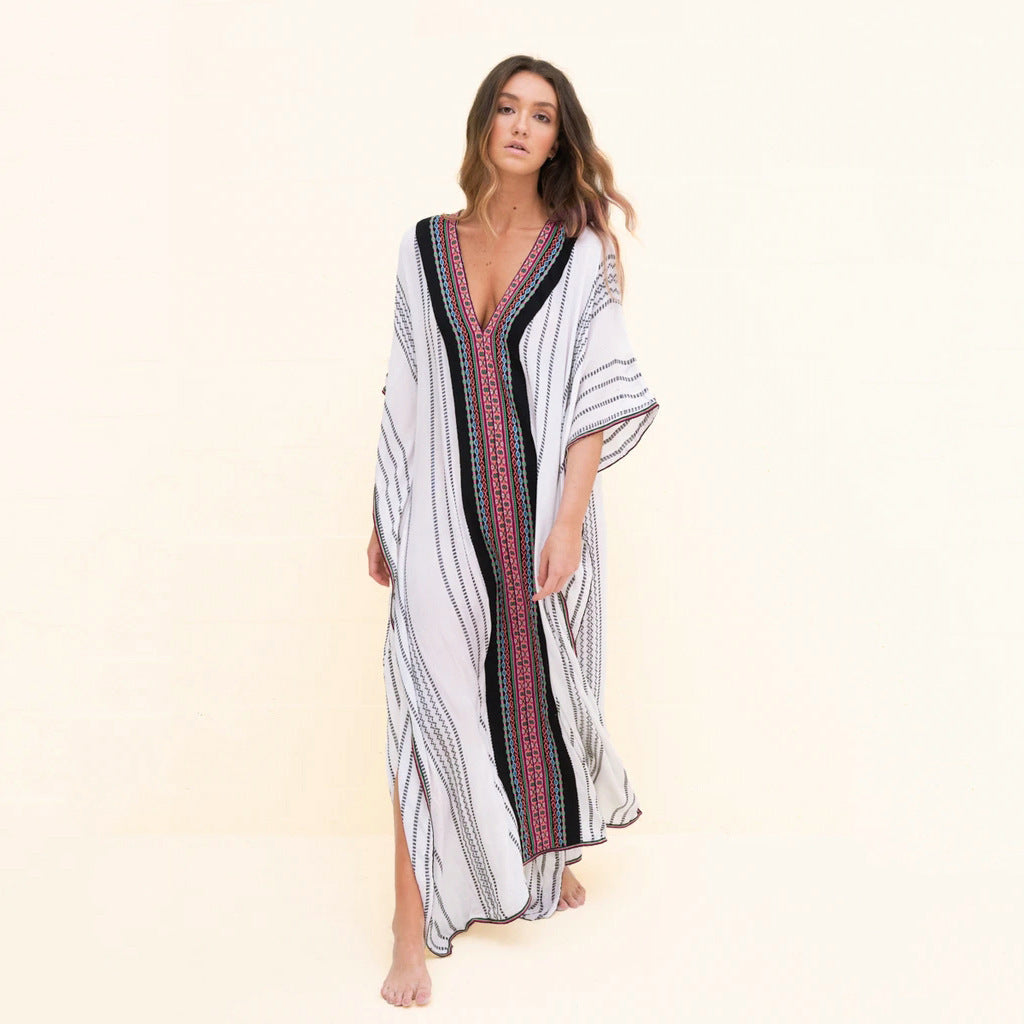 Dame Kaftan med kunstneriske etniske motiver og sidelommer Stilla