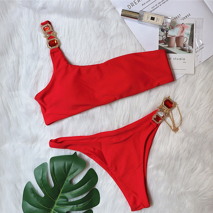 Damer One-Shoulder Strass Bikini Sæt Stilla