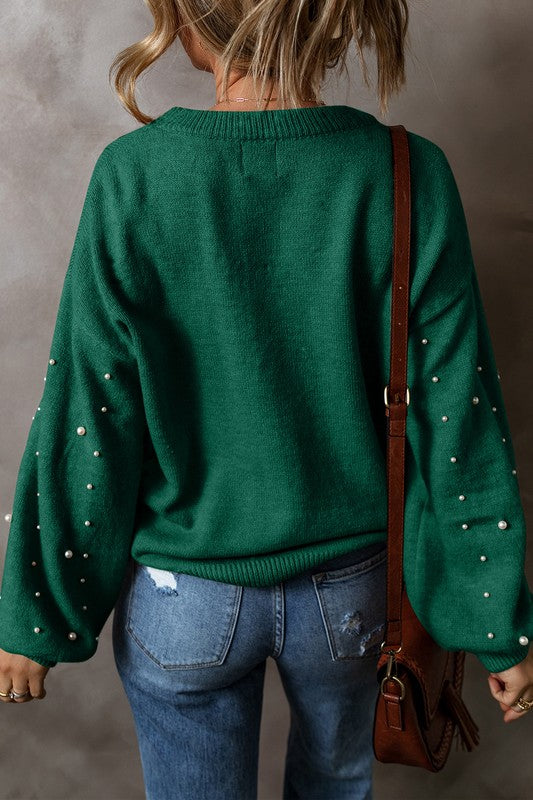 Stilla | Pullover med perler, overdrejede skuldre og rund halsudskæring