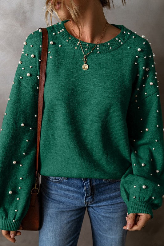 Stilla | Pullover med perler, overdrejede skuldre og rund halsudskæring