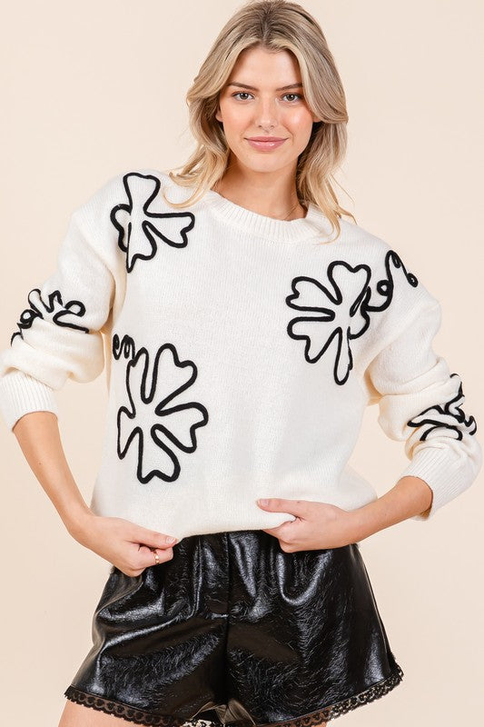 Stilla | Striktrøje med Floral Broderi