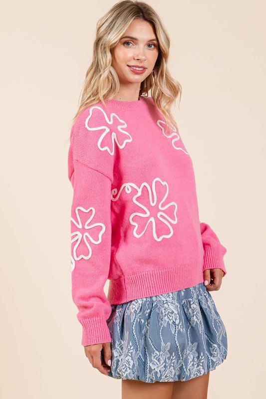 Stilla | Striktrøje med Floral Broderi