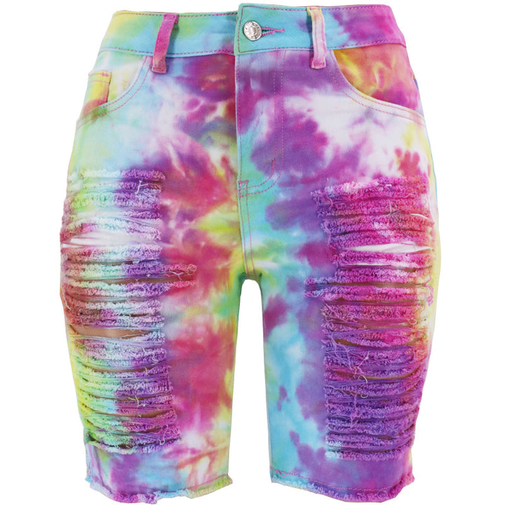 Dame jeans-short med trendy batikmønster og frynse detaljer Stilla