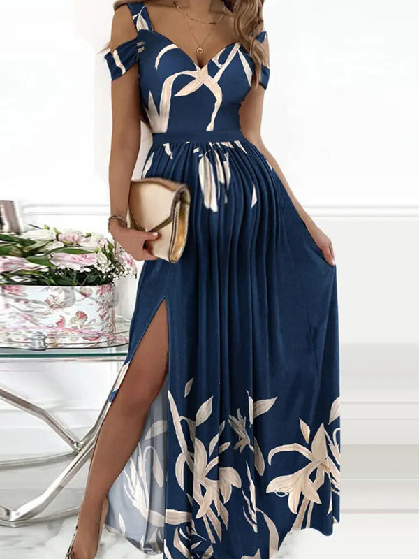 Stilla | Blomstret Print Dybt V-udskæring Side Slids Boheme Elegante Maternity Kjole