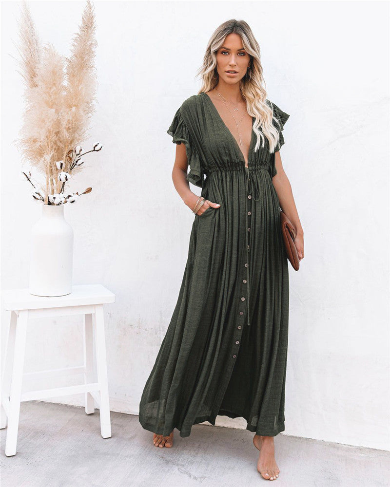 Dame Maxi-kjole med ruffles detaljer og praktiske lommer Stilla