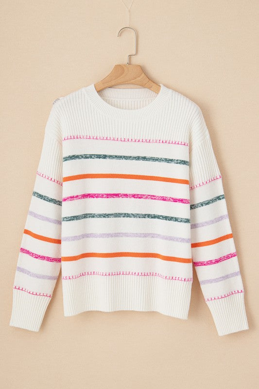 Stilla | Flerfarvet Stribet Rundhals Sweater Med Ribbet Afslutninger