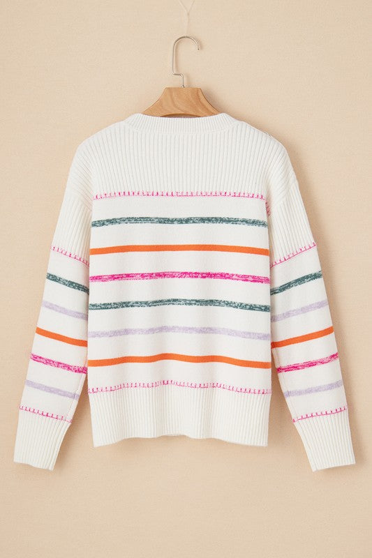 Stilla | Flerfarvet Stribet Rundhals Sweater Med Ribbet Afslutninger