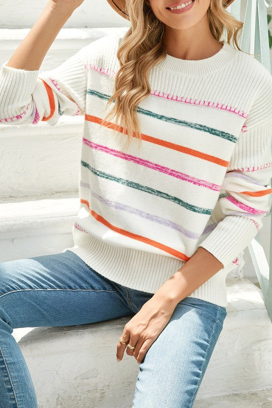 Stilla | Flerfarvet Stribet Rundhals Sweater Med Ribbet Afslutninger