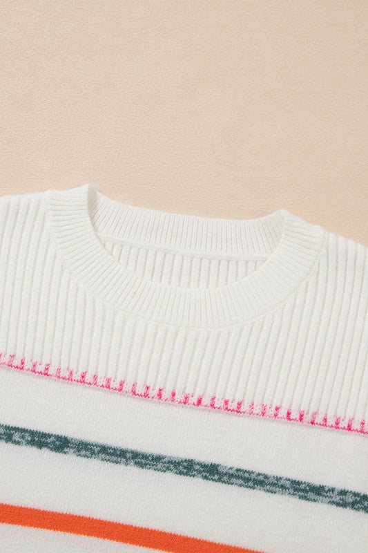 Stilla | Flerfarvet Stribet Rundhals Sweater Med Ribbet Afslutninger