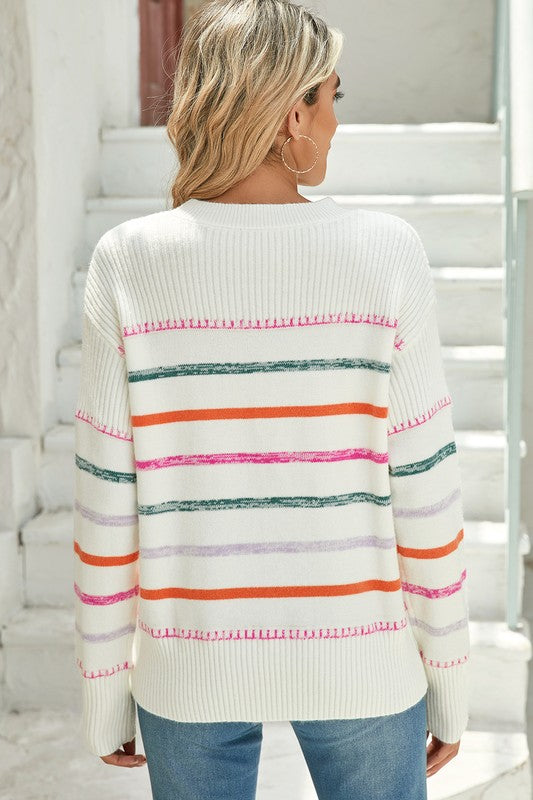 Stilla | Flerfarvet Stribet Rundhals Sweater Med Ribbet Afslutninger