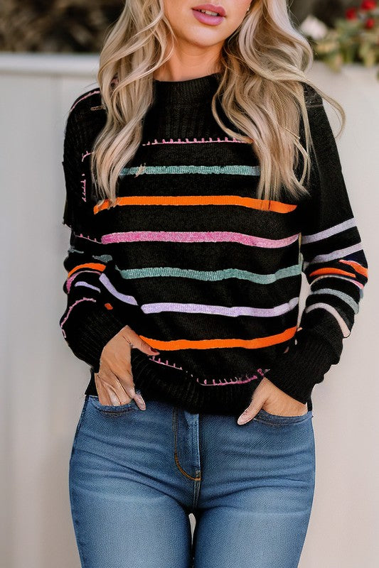 Stilla | Flerfarvet Stribet Rundhals Sweater Med Ribbet Afslutninger