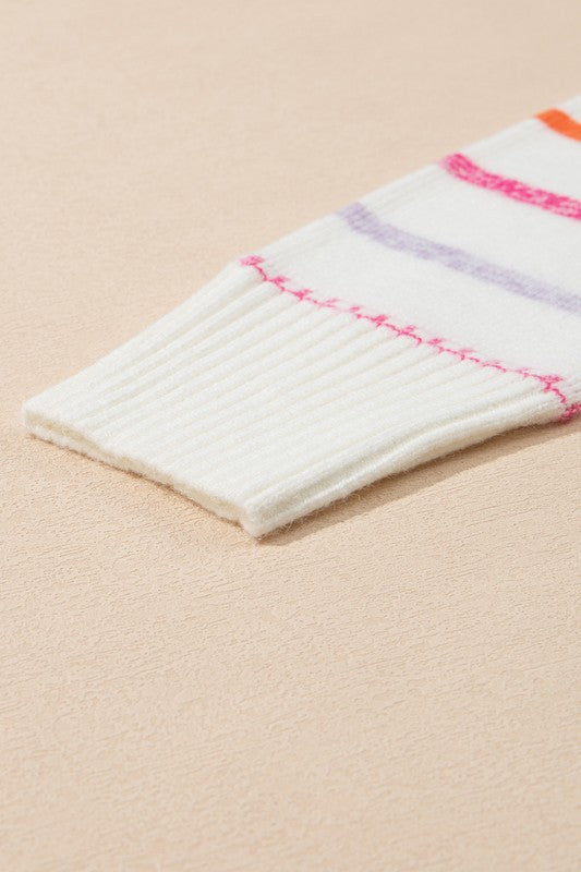 Stilla | Flerfarvet Stribet Rundhals Sweater Med Ribbet Afslutninger
