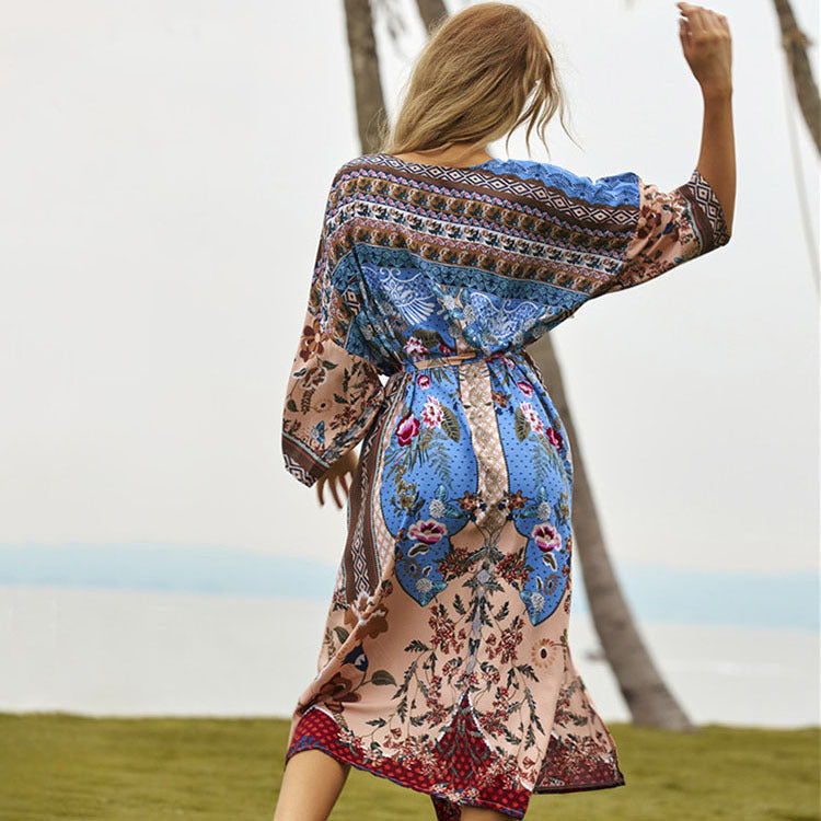 Dame Langærmede Chiffon-Kimono-Kjole med florale mønstre og glitrende accenter Stilla