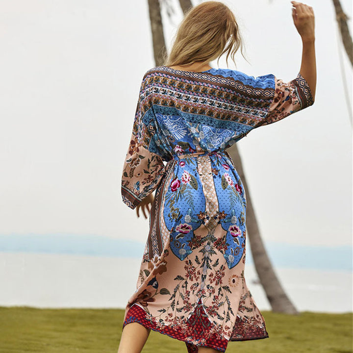 Dame Langærmede Chiffon-Kimono-Kjole med florale mønstre og glitrende accenter Stilla