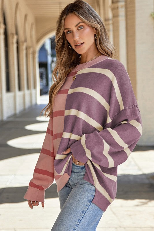 Stilla | Pullover Stribet Farveblok Med Faldende Skuldre