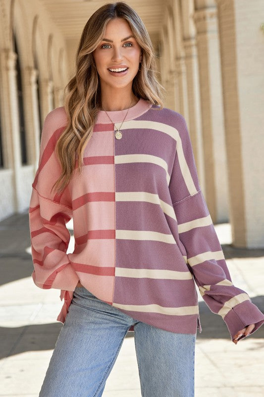 Stilla | Pullover Stribet Farveblok Med Faldende Skuldre