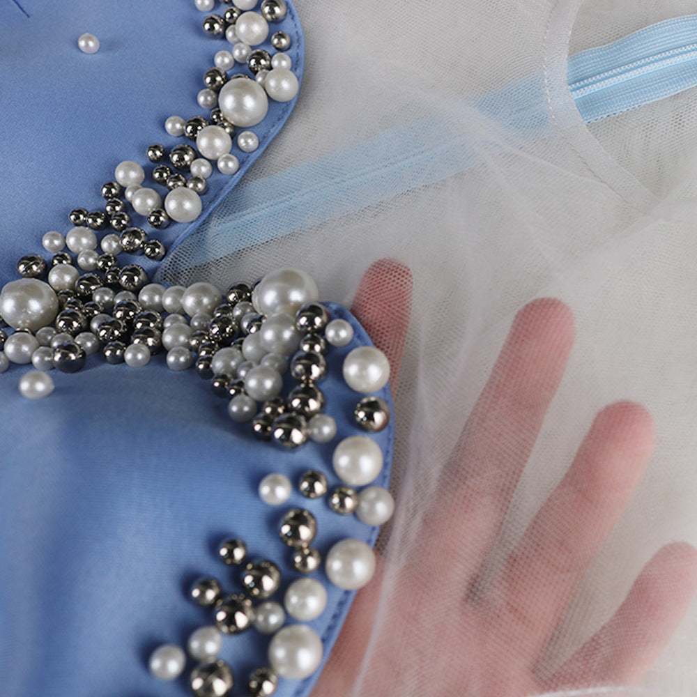 Dame glamourøst cocktailkjole med transparente puffærmer og flæsekanter Skovae