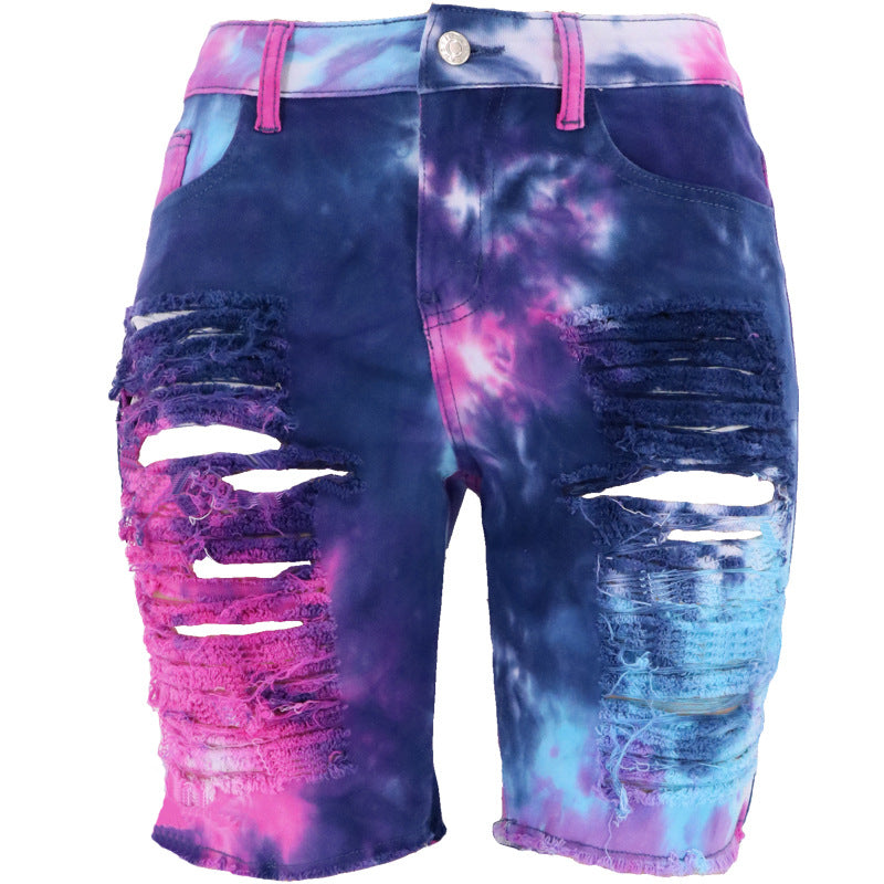Dame jeans-short med trendy batikmønster og frynse detaljer Stilla
