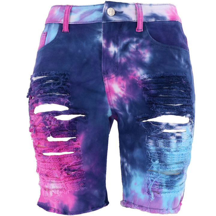 Dame jeans-short med trendy batikmønster og frynse detaljer Stilla
