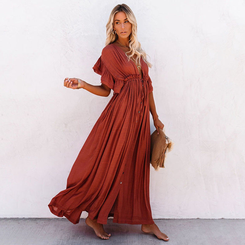 Dame Maxi-kjole med ruffles detaljer og praktiske lommer Stilla