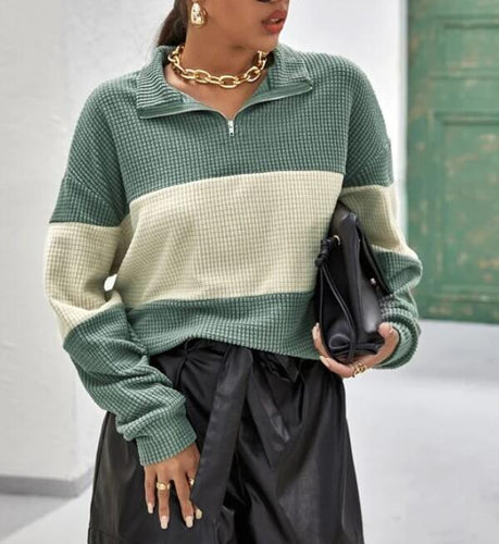 Kvinders sweater med lynlås og blokstriber Stilla
