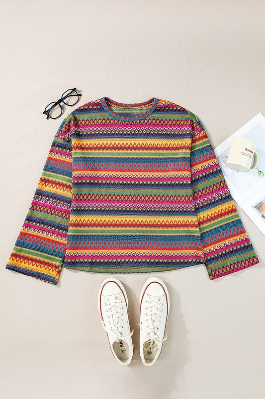 Stilla | T-shirt Med Lange Ærmer Geo Jacquard Multifarvet