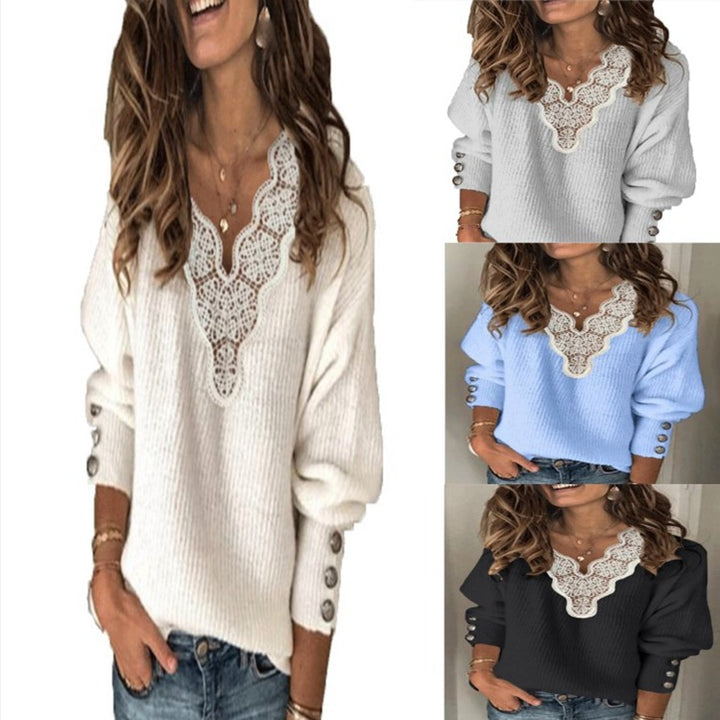 Dame strikpullover med spidsapplikation Stilla