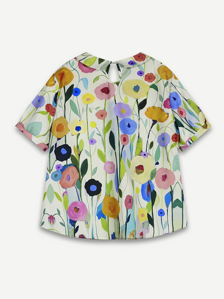 Stilla | Linned Blouse Til Kvinder Med Blomsterdesign Oliemaleri