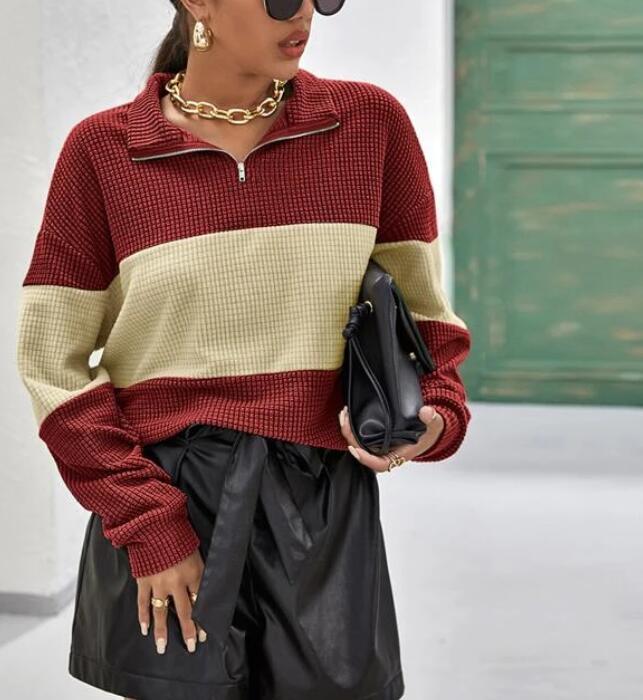 Kvinders sweater med lynlås og blokstriber Stilla