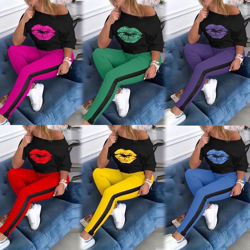 Dame Off-Shoulder Grafik Sweatshirt og Jogger Sæt Stilla