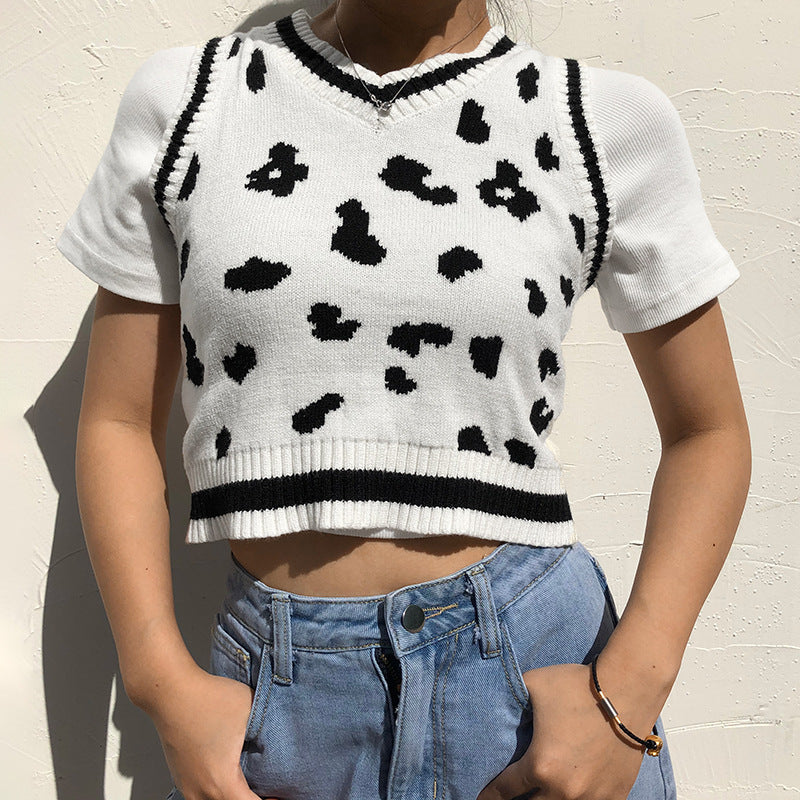 Dame sød strik-crop-top med legende leopardmønster Skovae