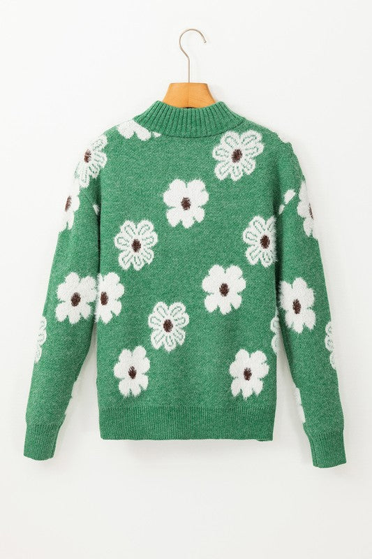 Stilla | Vintage blomsterprint pullover fra 1960'erne med halvmands lynlås