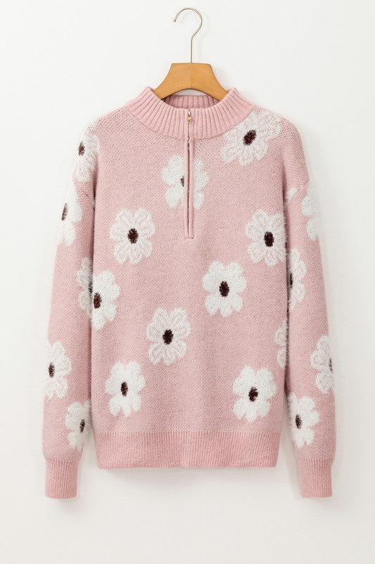 Stilla | Vintage blomsterprint pullover fra 1960'erne med halvmands lynlås