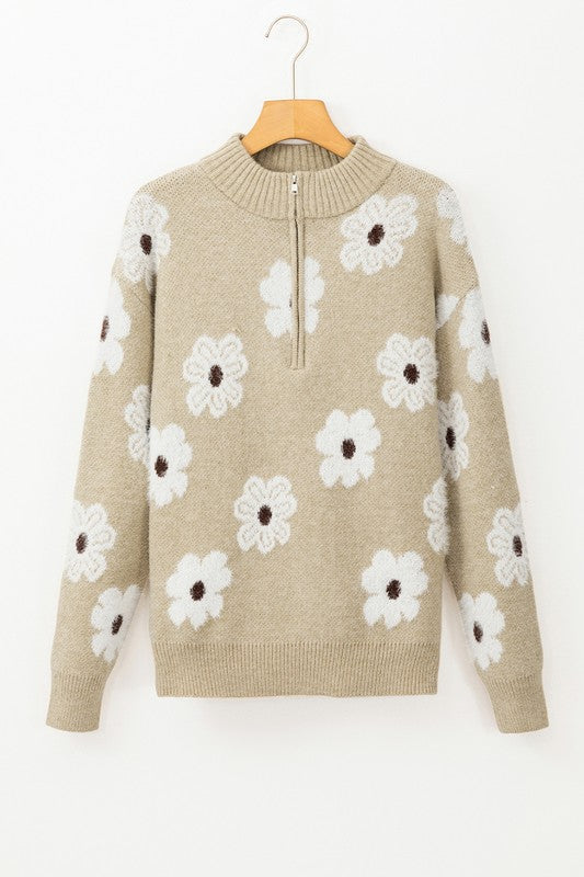 Stilla | Vine Class 60'erne Floral Mønster Pullover Med Halv Zip Krave