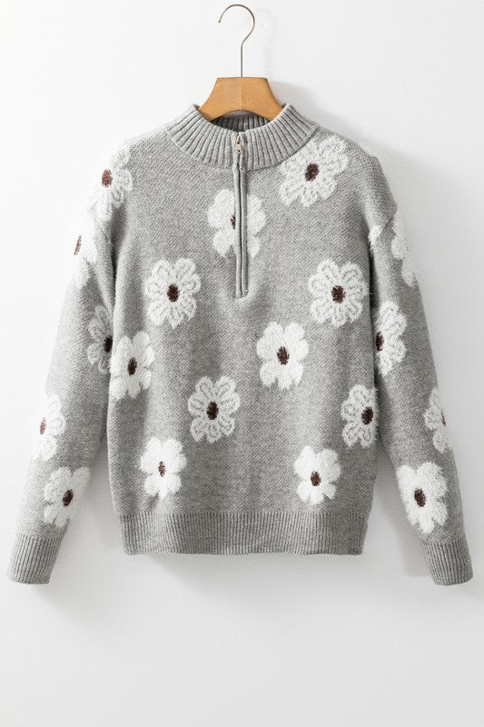 Stilla | Vine Class 60'erne Floral Mønster Pullover Med Halv Zip Krave