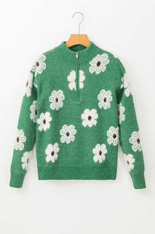 Stilla | Vintage blomsterprint pullover fra 1960'erne med halvmands lynlås